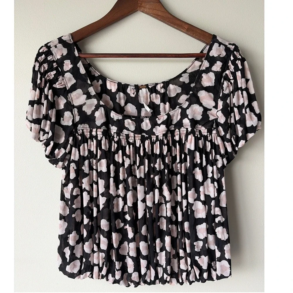 Free People Womens Meg's Blouse Mesh Cropped Puff Sleeve Top M